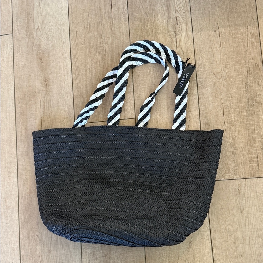 Rachel Zoe Black Woven Tote with Black & White Rope Handles